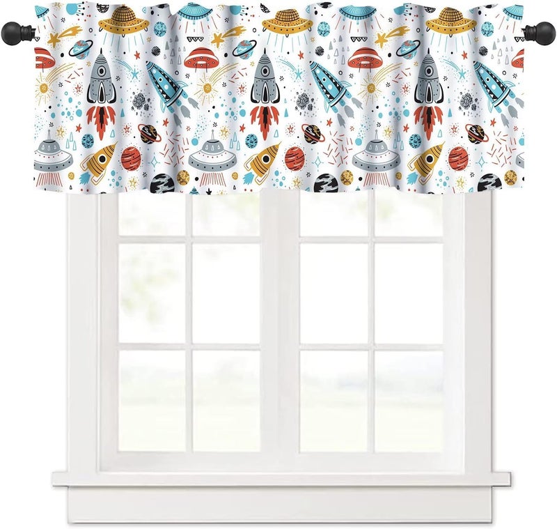 YSWOW Kids Boys Cartoon Space Valance Curtain for Boys Nursery Playroom Room Decor Planets Rockets Shuttles Cosmic Art Printed Window Drapes W54xL18in Fabric 1 Panel - Image 1
